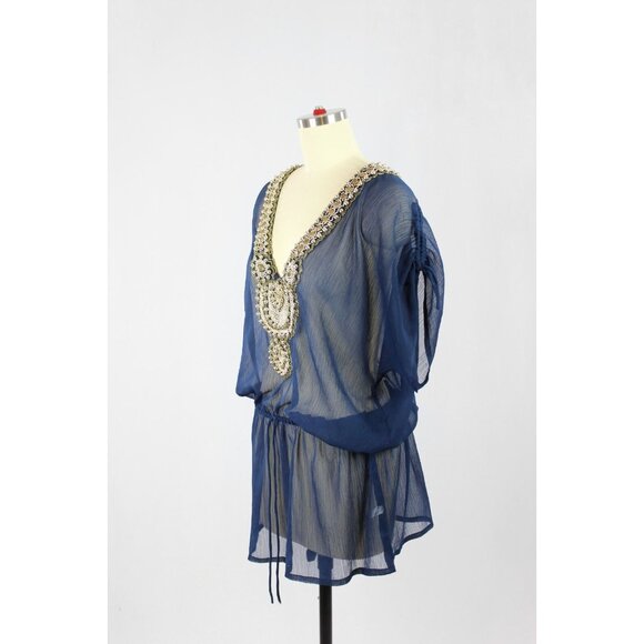 YEMANJA IBIZA Navy Beaded Beaded Embellished Sheer Crepon Cover-Up, One Size - Picture 4 of 12